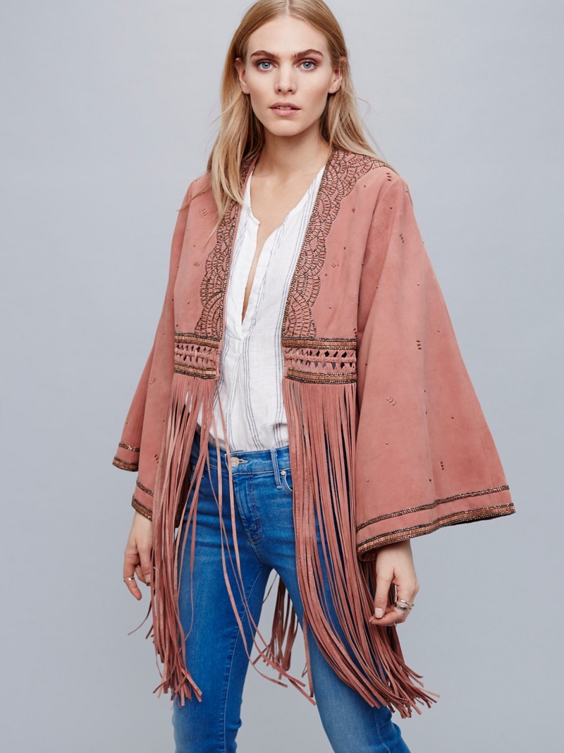 Free People Dramatic Sleeve Suede Kimono with Fringe
