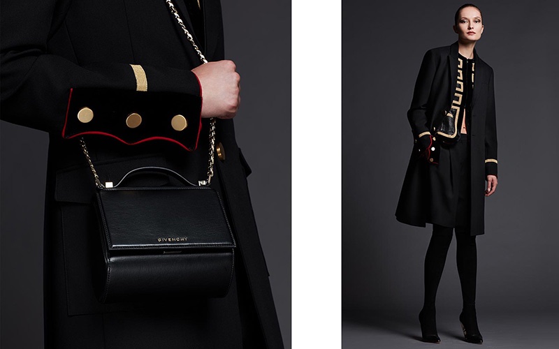 (Left) Givenchy Pandora Box Mini Palma Crossbody Bag (Right) Givenchy Two-Button Long Military Coat, 3/4-Sleeve Metallic-Striped Military Jacket, Tab-Waist Shorts W/Contrast Piping and Podium Suede Enamel-Heel Over-The-Knee Boot