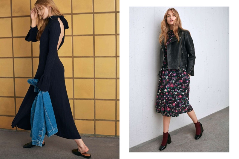 (Left) H&M Ribbed Dress with Flounces and Oversized Denim Jacket (Right) H&M Leather Biker Jacket and Patterned Dress