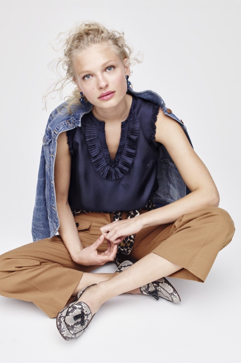 J. Crew Denim Jacket in Tyler Wash, Margot Top in Silk, Lightweight Wool Jackie Cardigan Sweater in Leopard, Wide-Leg Pant with Patch Pockets, Charlie Tassel Loafers in Snakeskin-Printed Leather and Oversized Crystal Earrings