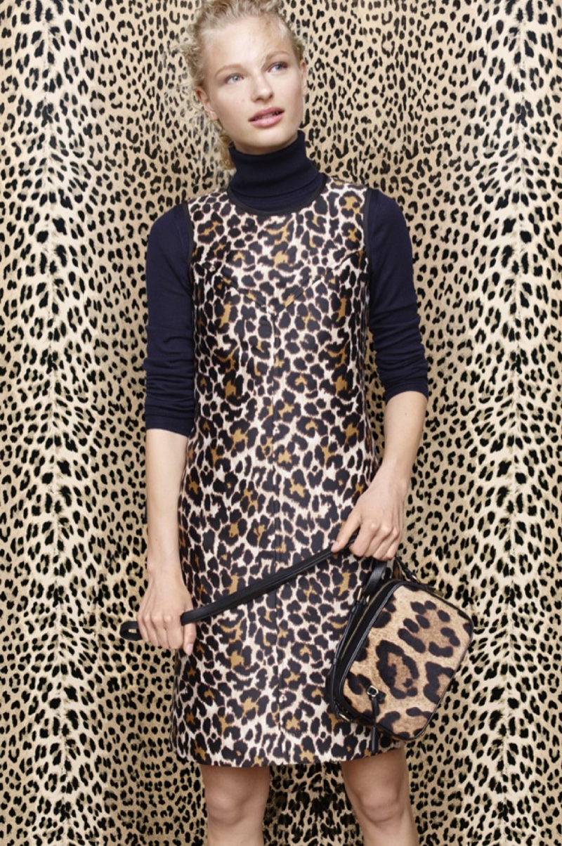 J. Crew Tippi Turtleneck Sweater, Shift Dress in Leopard Print and Signet Bag in Italian Leopard-Printed Calf Hair
