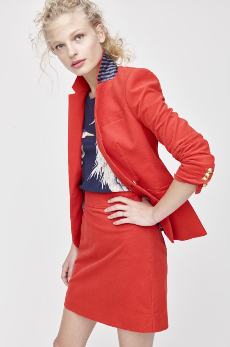 J. Crew Campbell Blazer in Corduroy, Blue Heron Art T-Shirt and Mini Skirt in Corduroy 