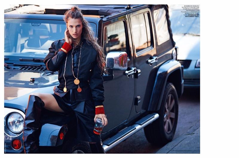 Jessica Miller models embroidered bomber jacket from Givenchy