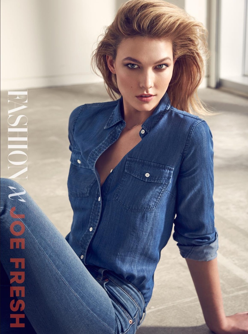 Karlie Kloss wears denim top and pants from Joe Fresh