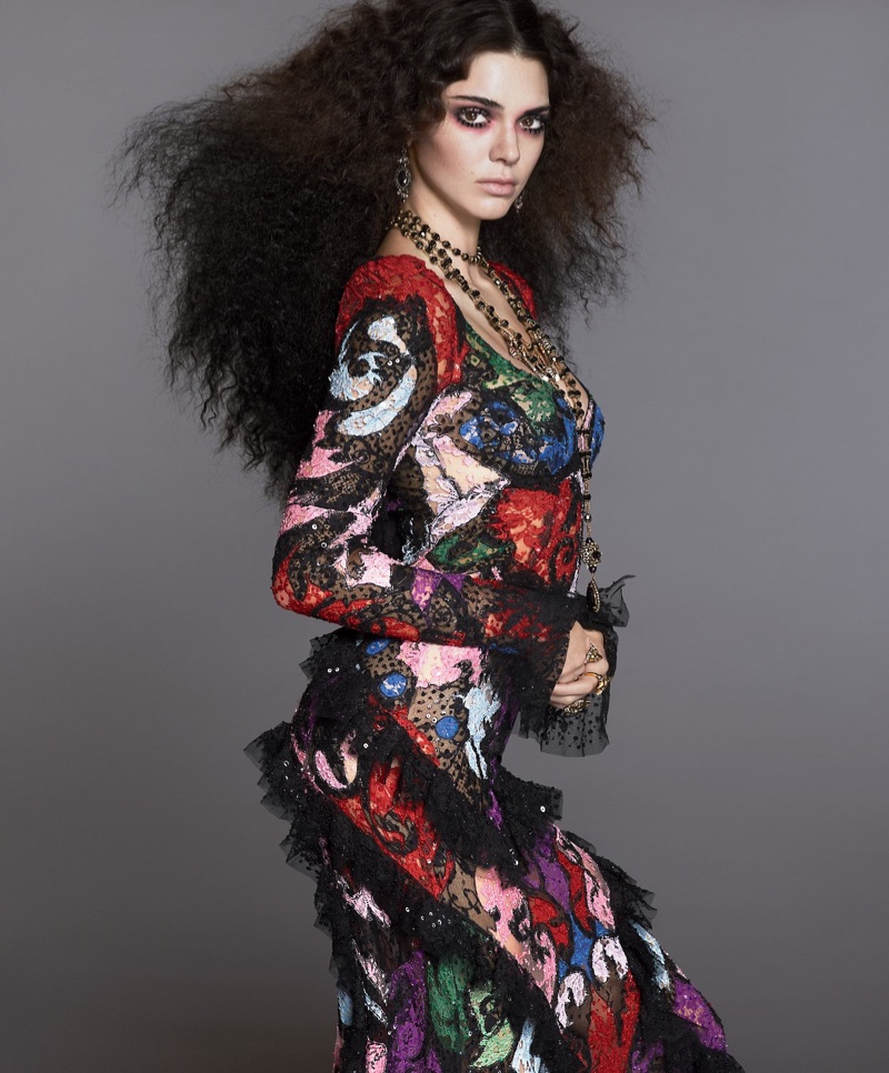 Kendall Jenner wears big and wavy hairstyle in Alexander McQueen lace gown and necklace 
