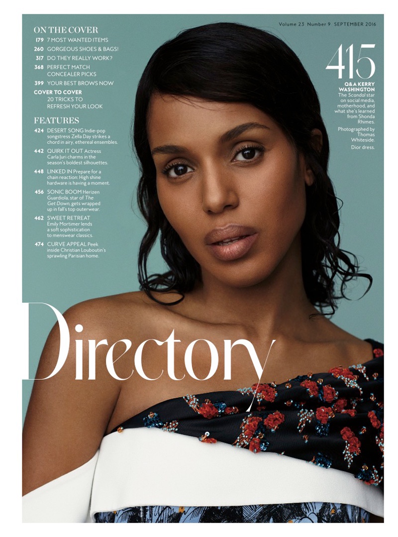 Kerry Washington wears her hair in slick waves with a Dior dress