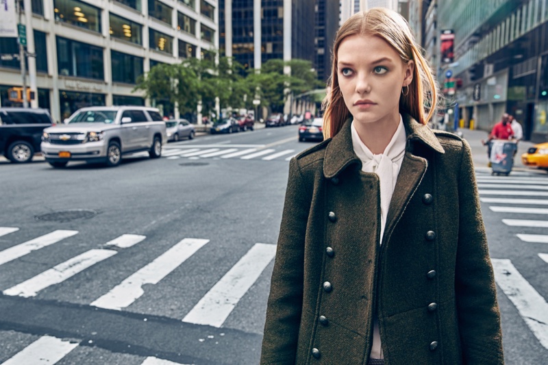 Roos Abels wears military inspired coat in Mango's fall campaign