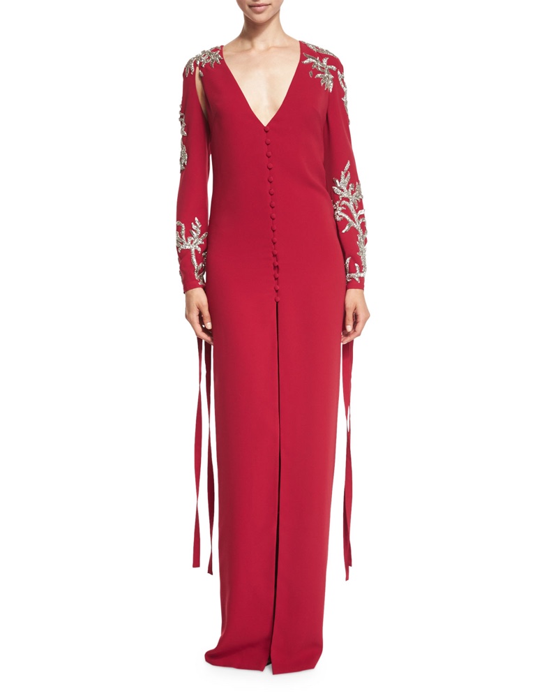 Monique Lhuillier Sequined Long Sleeve Tie Cuff Gown