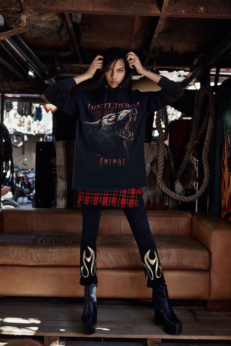 Vintage Disturbed Tee After Party by Nasty Gal, You're a Champ Cropped Hoodie, Black After Party by Nasty Gal Hang Fire Levi's 505 Jeans and Vintage DKNY Cambridge Tartan Skirt