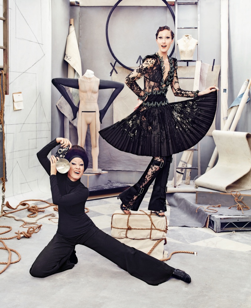 Anna Cleveland wears Alexander McQueen embellished dress, pants and sandals