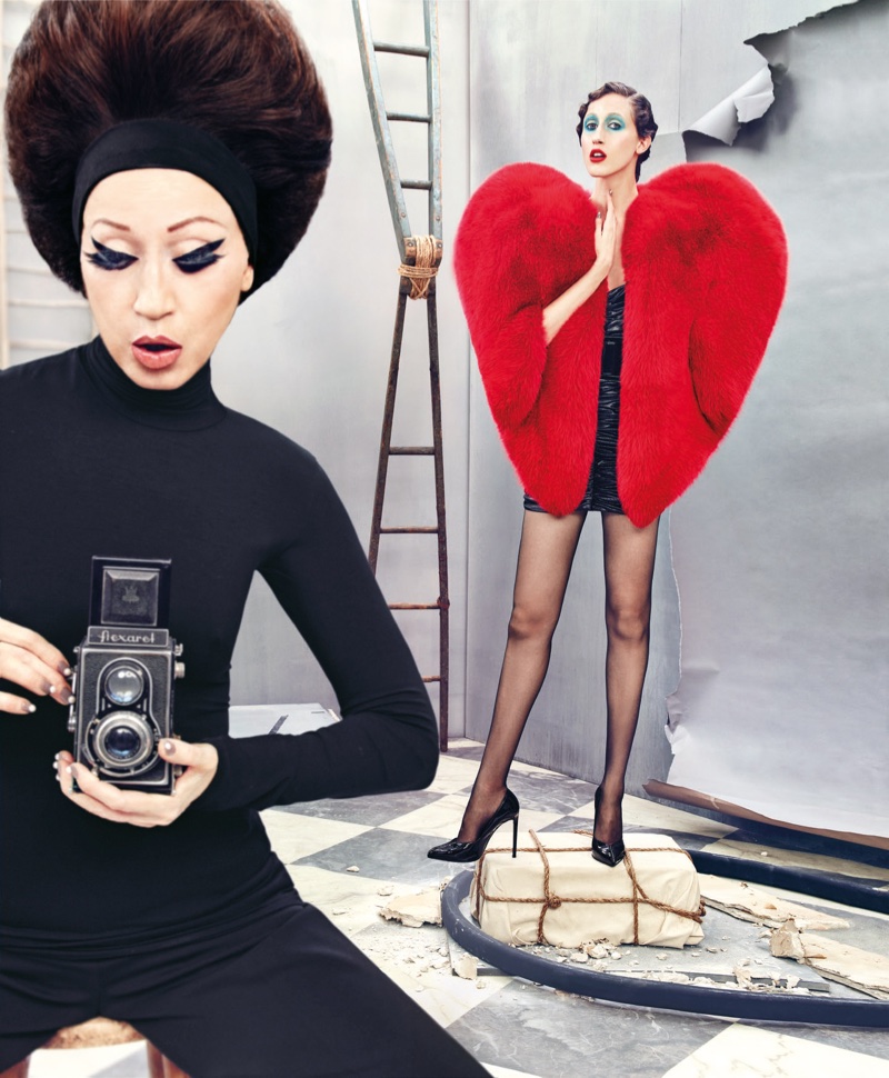 Anna Cleveland wears Saint Laurent red fox fur cape and embellished minidress