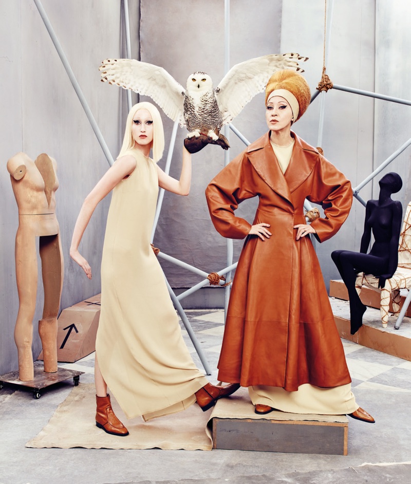 Anna Cleveland wears silk georgette dress from The Row, Pat Cleveland models calfskin coat from The Row