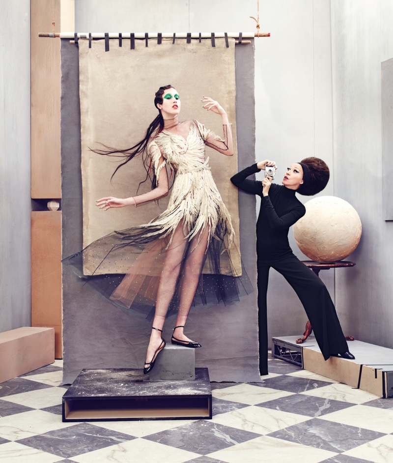 Pat Cleveland snaps away while Anna models Valentino gown and ballet flats