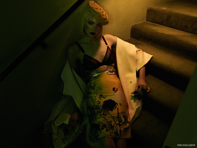 Yellow Skirt Trelise Cooper, Bra Lonely Hearts, Coat Toni Maticevski, Belt Torrance, Hat Hatmaker