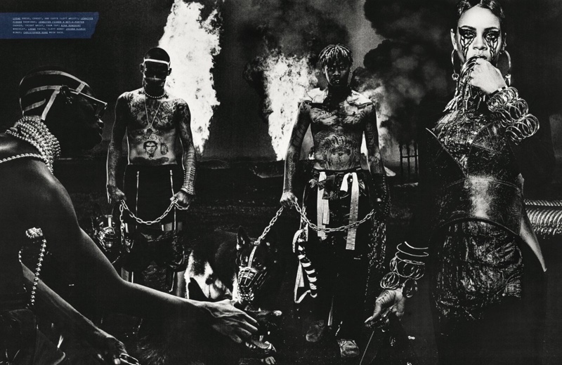 Rihanna is leader of the pack wearing Loewe dress, corset and cuffs