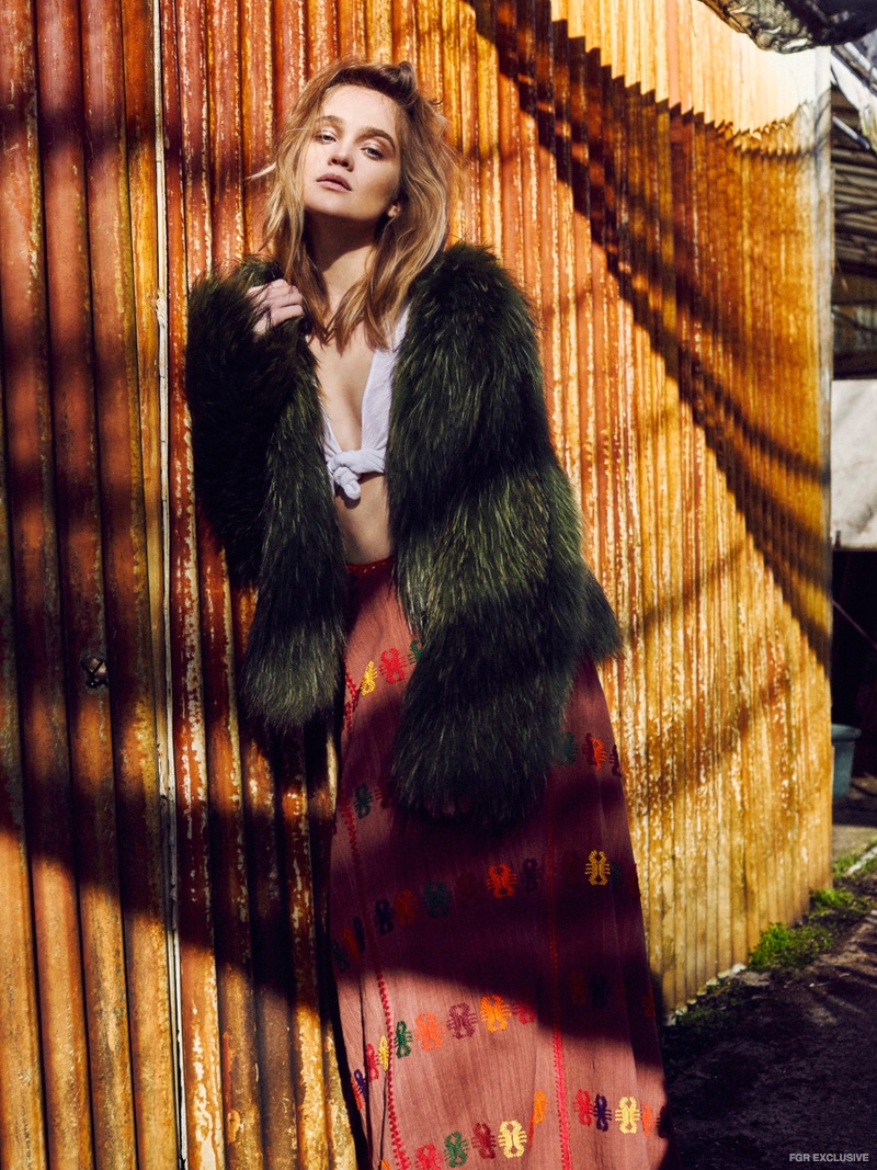 Pippa Holt Kaftan (worn as skirt) and Enna Costa Tank, both from Elle Boutique, Fur Jacket from Mode & Affaire