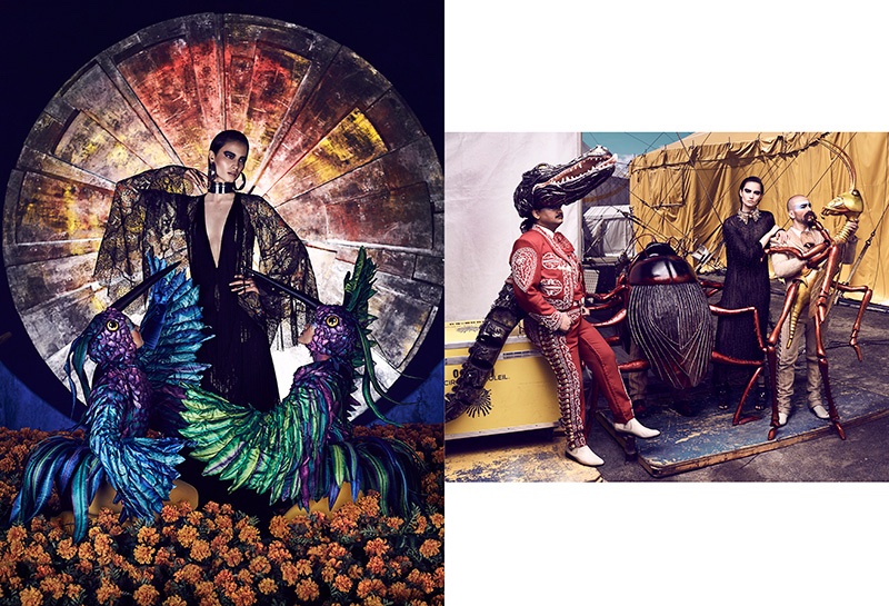 (Left) Mackenzie wears Roberto Cavalli dress (Right) The model poses in Blumarine fringe embellished dress