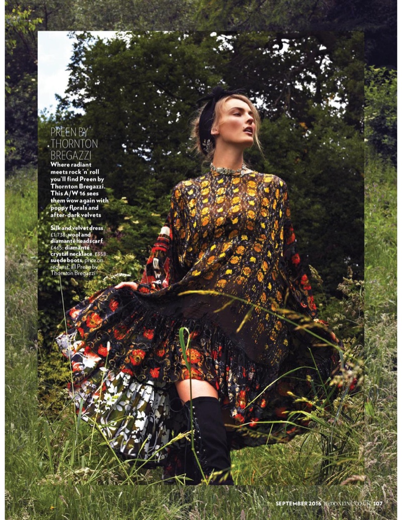 The model poses outdoors in romantic looks for the fashion editorial