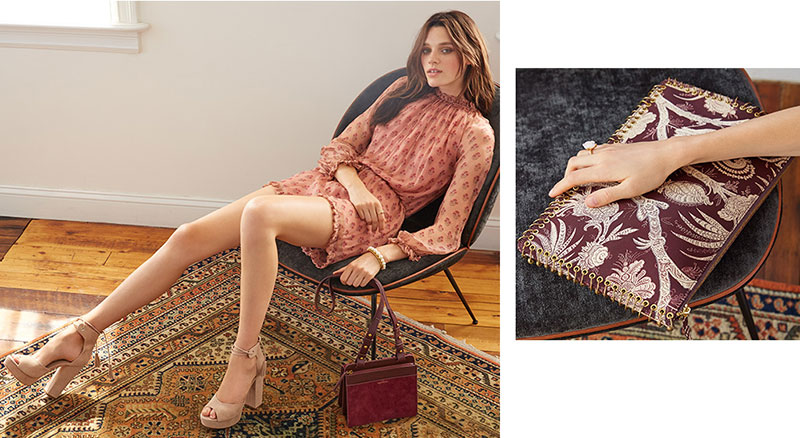 (Left) Zimmermann Karmic Stamp Ruffle Romper and Accordion Cross Body Bag (Right) Zimmermann Envelope Clutch and Oscar de la Renta Resin Rose Ring