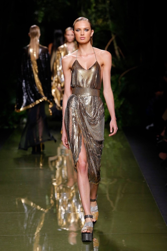 Balmain Spring 2017: Romee Strijd walks the runway in metallic dress with slit