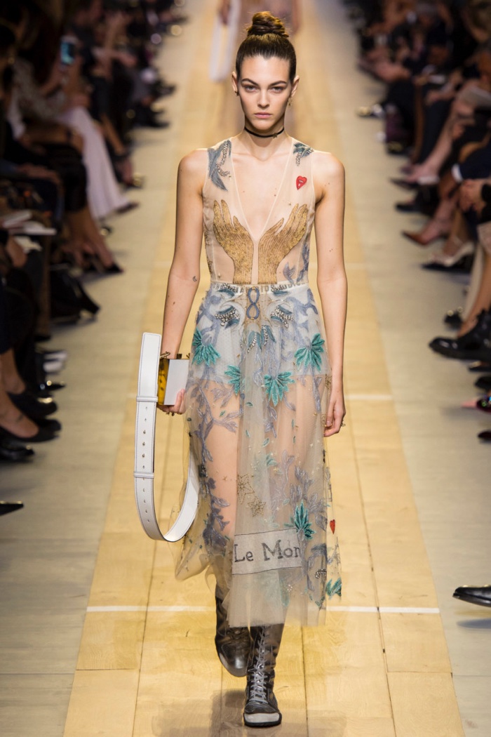 Dior Spring 2017: Model walks the runway in embroidered dress with mystical detail