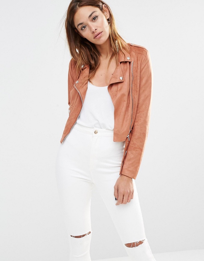 Missguided Faux Suede Biker Jacket in Rust