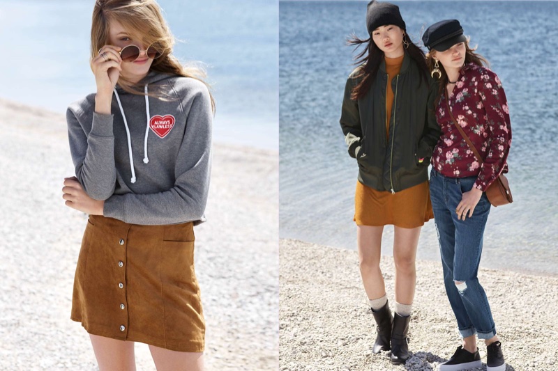 (Left) H&M Short Hooded Top, Round Sunglasses and A-Line Skirt (Middle) H&M Knit Hat, Satin Pilot Jacket, Mock-Turtleneck Jersey Dress and Biker Boots (Right) H&M Captain’s Cap, Boyfriend Low Trashed Jeans and Platform Sneakers