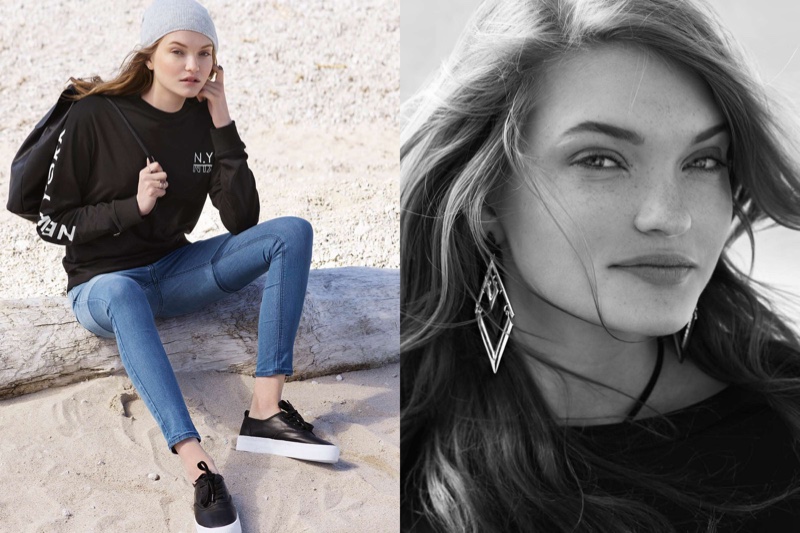 (Left) H&M Knit Hat, Sweatshirt with Printed Design, Super Skinny Regular Jeans and Platform Sneakers (Right) Rhomboid Earrings