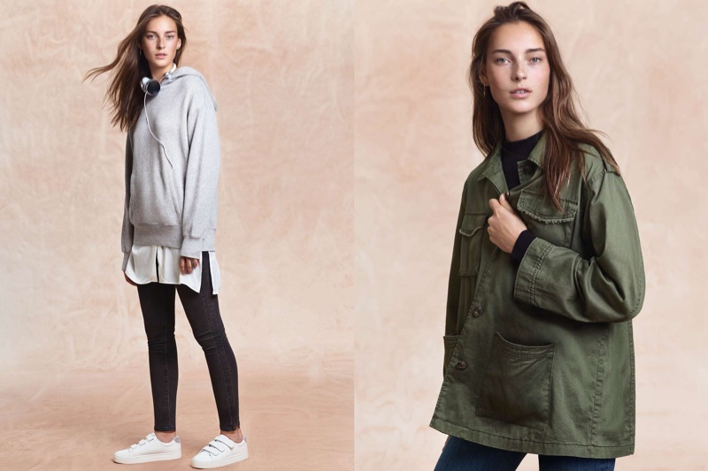 (Left) H&M Hooded Sweatshirt, Long Shirt, Shaping Skinny Regular Jeans and Sneakers (Right) H&M Cargo Jacket, Ribbed Mock Turtleneck Sweater and Jeggings with Side Stripes