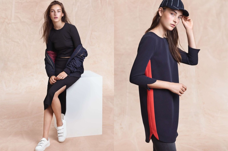 (Left) H&M Bomber Jacket, Ribbed Top, Ribbed Skirt and Sneakers (Right) H&M Short Dress, Skinny Low Ankle Jeans and Wool-blend Cap