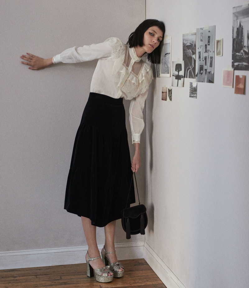Saint Laurent Lace-Trimmed Ruffle Blouse, Tiered Velvet Midi-Skirt, Candy Platform Sandals and Opium Shoulder Bag
