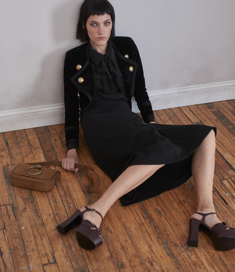 Saint Laurent Velvet Double-Breasted Jacket, Scarf-Neck Blouse and Milano Midi-Skirt, Eddie Shoulder Bag and Candy Platform Sandals