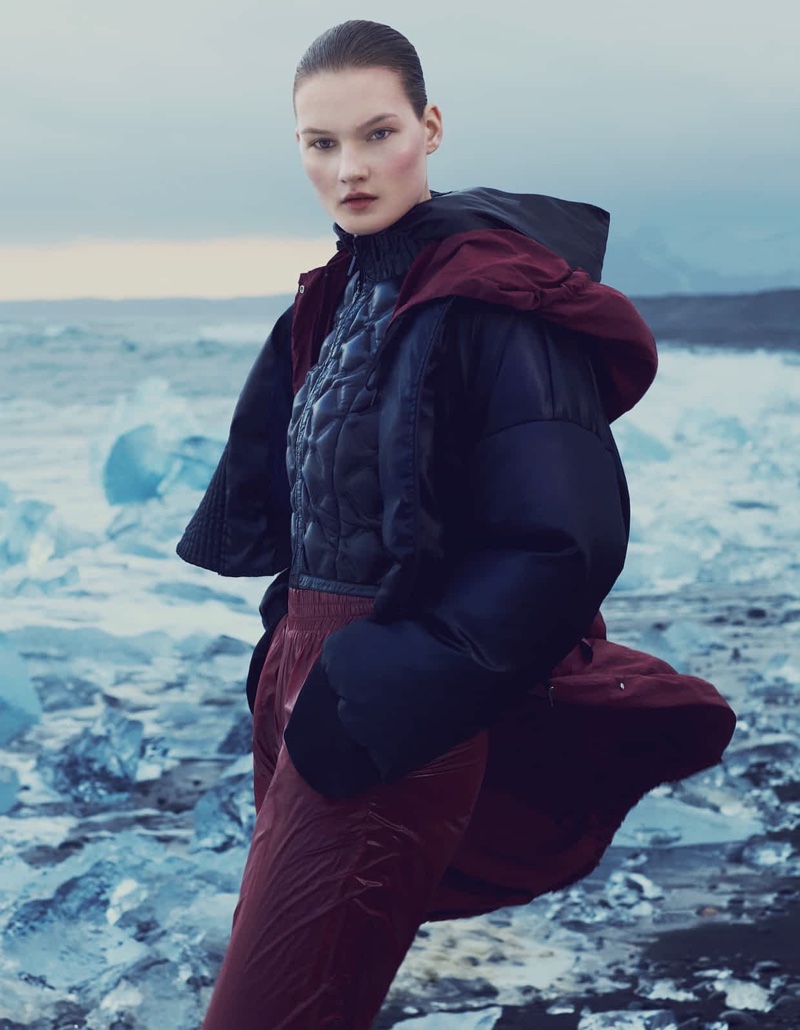 Keeping it cozy, Kirsi Pyrhonen wears DKNY nylon jacket, coat and trousers with Chanel jacket