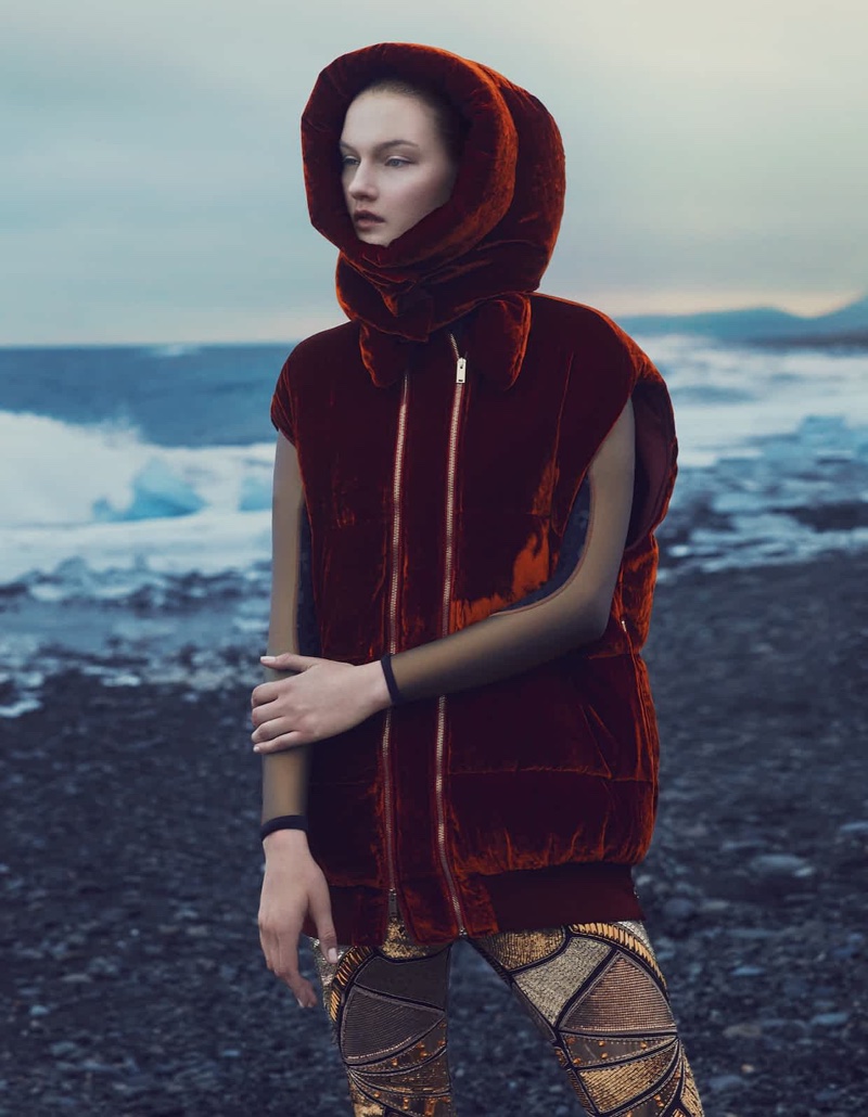 Striking a pose, the model wears Stella McCartney gilet with Phillipp Plein trousers