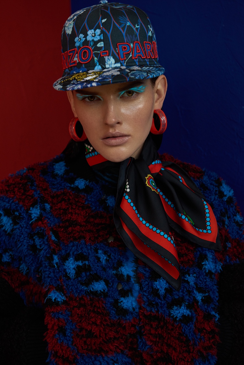 Photographed by Branislav Simoncik, the model wears looks from the Kenzo x H&M collaboration