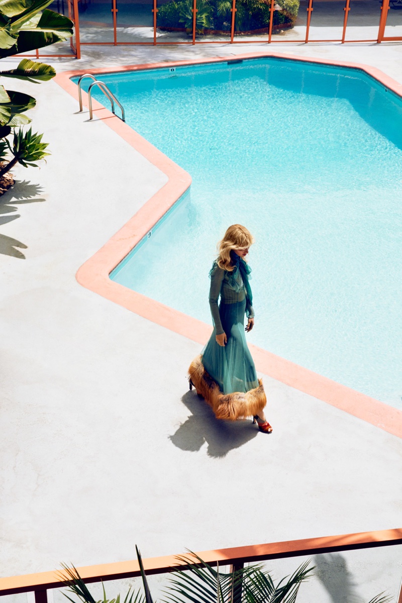 Photographed by JUCO, Marique Schimmel wears a Blumarine dress with fur trim