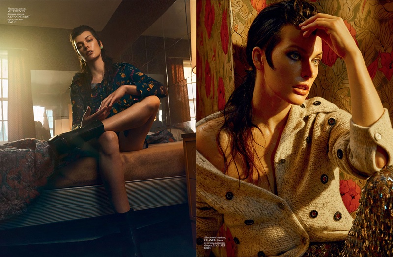 (Left) Milla Jovovich wears Vetements dress (Right) Milla Jovovich poses in Chanel sweater