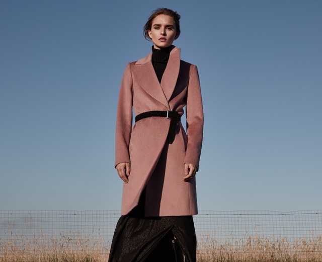 REISS Forbes Textured Coat in Rose Pink, Olins Ribbed Roll-Neck and Bridge Suede Plaited Belt