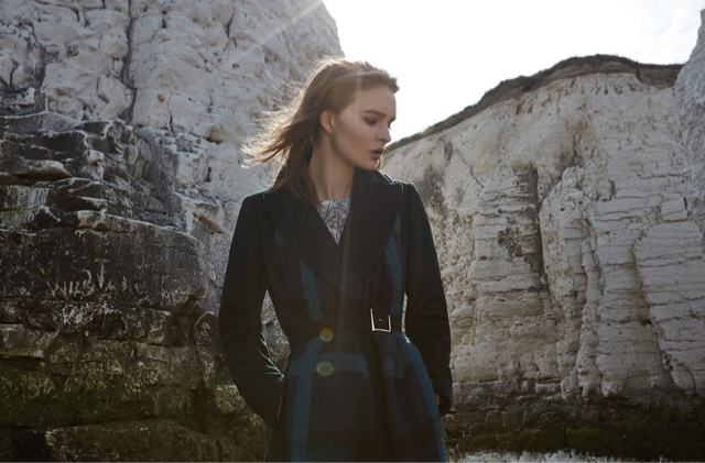 REISS Forley Textured Longline Coat in Racing Green, Elise Oversized Check Scarf and Nyla Printed Midi Dress