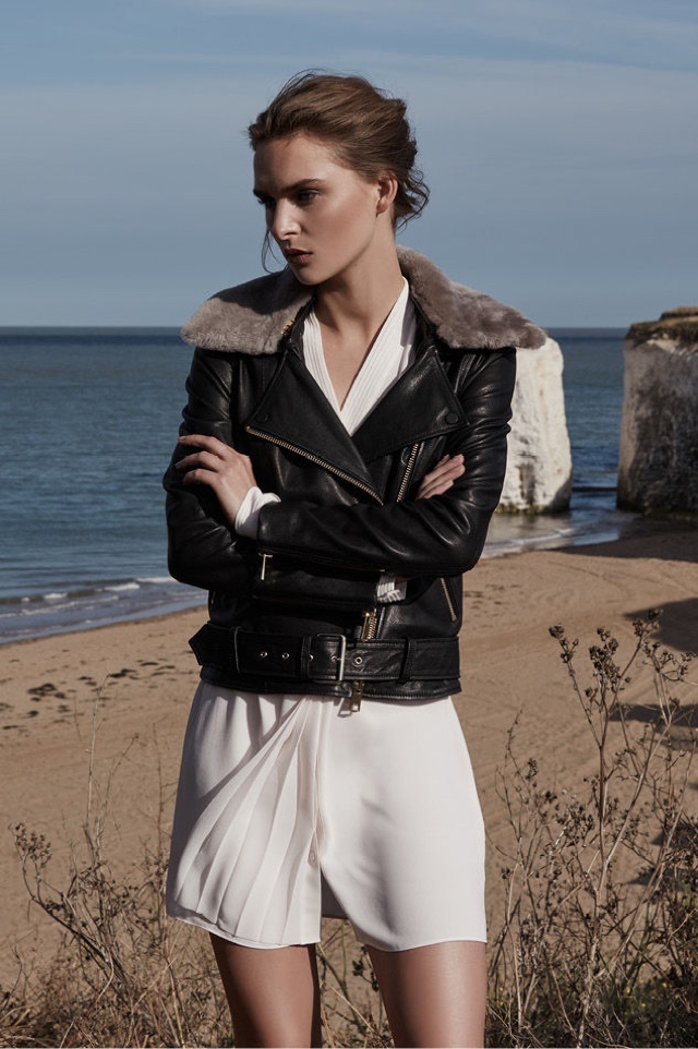 REISS Dree Shearling Jacket and Santana Plisse-Detail Shirt in Ballet Pink
