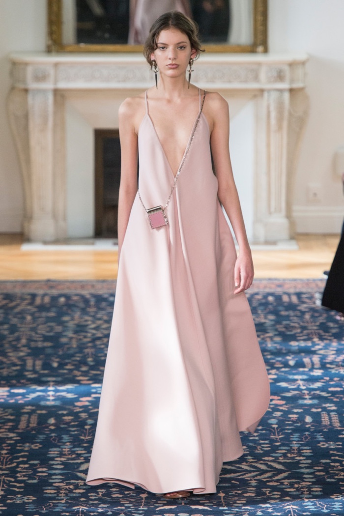 Valentino Spring 2017: Model walks the runway in sleeveless maxi dress with plunging neckline