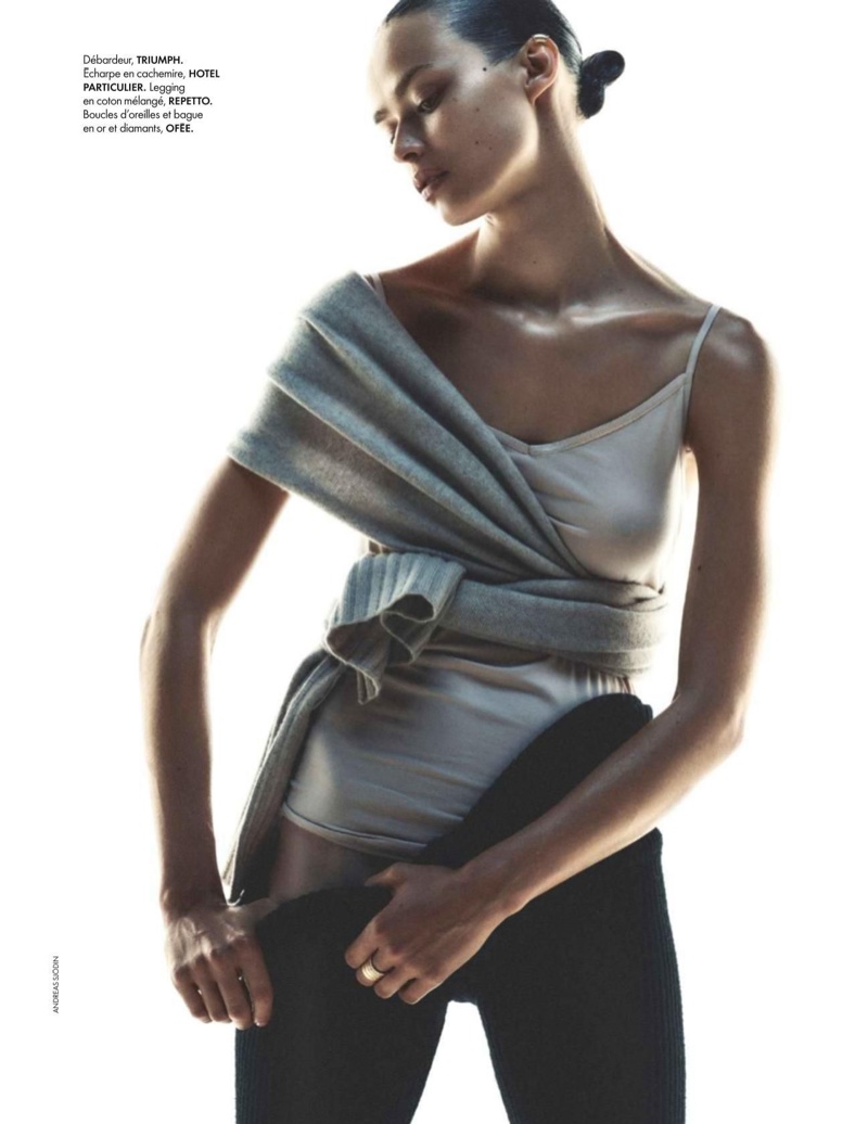 Birgit Kos models Triumph top, Hotel Particulier cashmere sweater and Repetto legging
