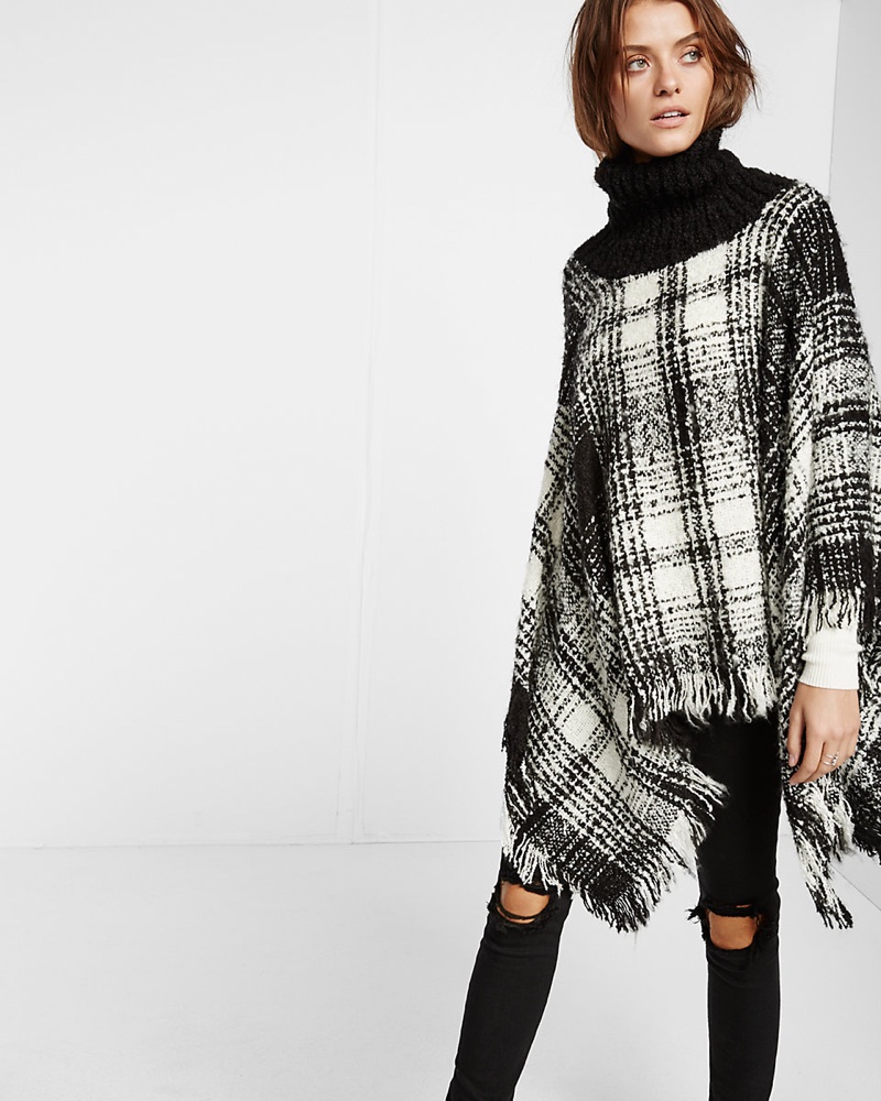 Express Black & White Plaid Cowl Neck Poncho