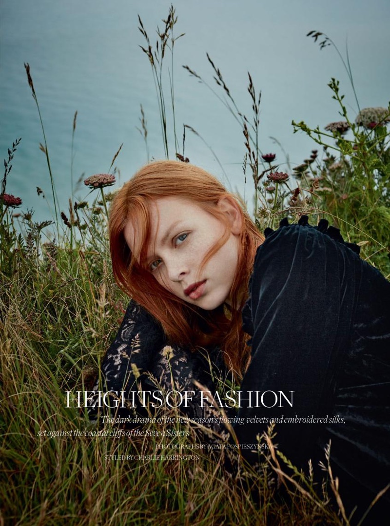 The model poses in dramatic designs for the fashion editorial