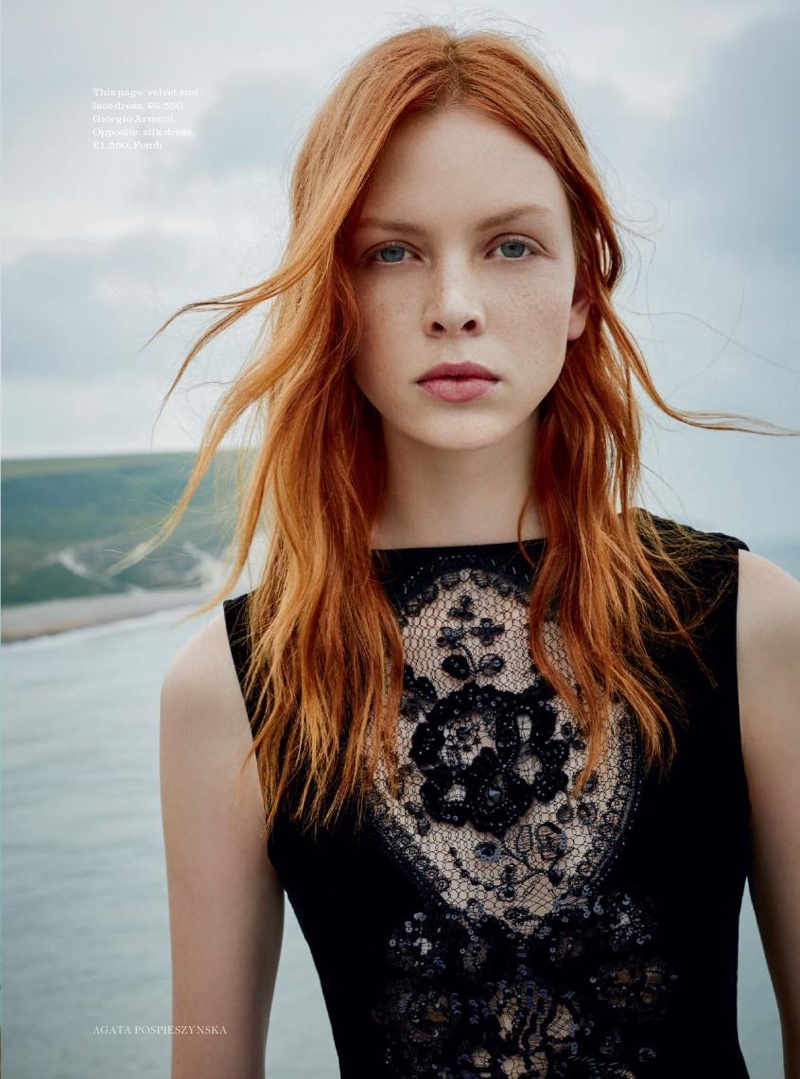 Getting her closeup, Dani Witt wears Giorgio Armani velvet and lace dress
