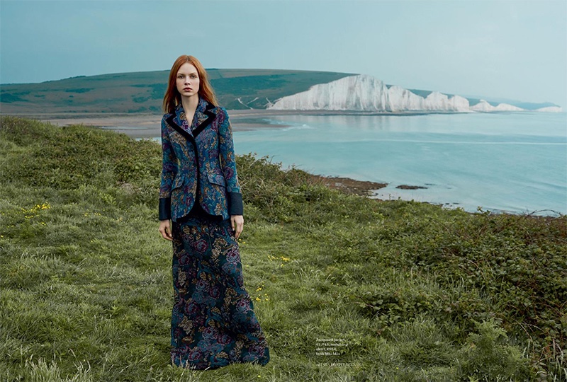 Dani Witt models Miu Miu jacquard jacket and skirt