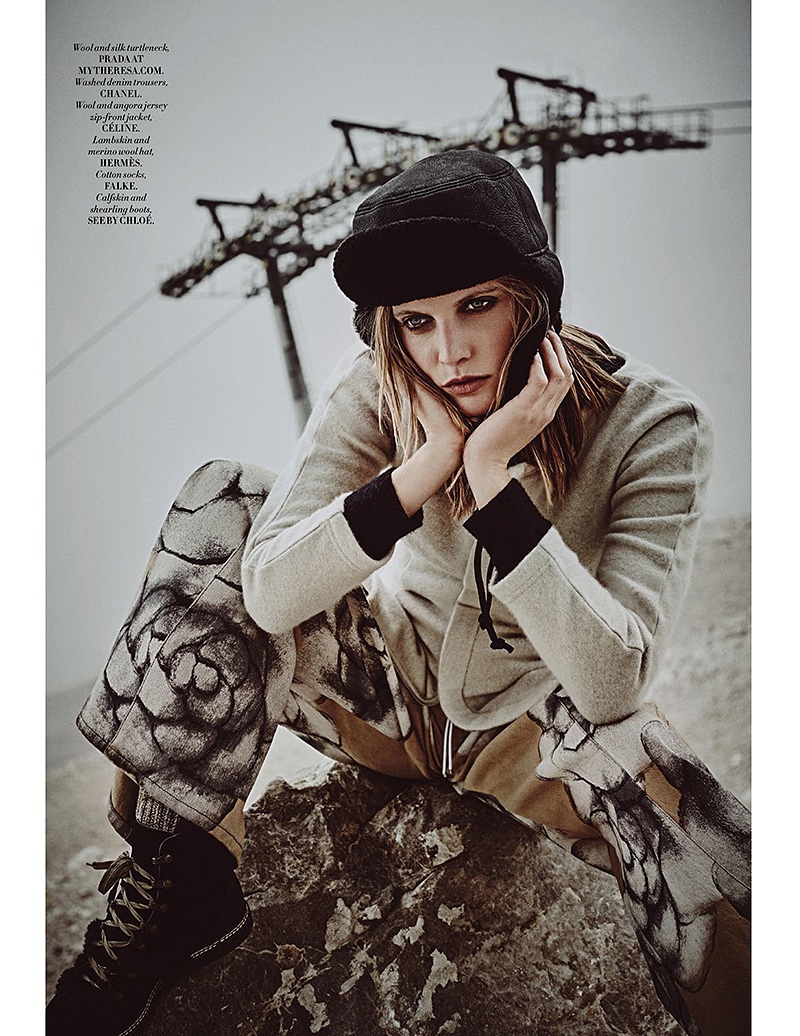 Staying covered up, Emma Menteath wears a Prada turtleneck, Chanel denim pants, Celine jacket and Hermes hat