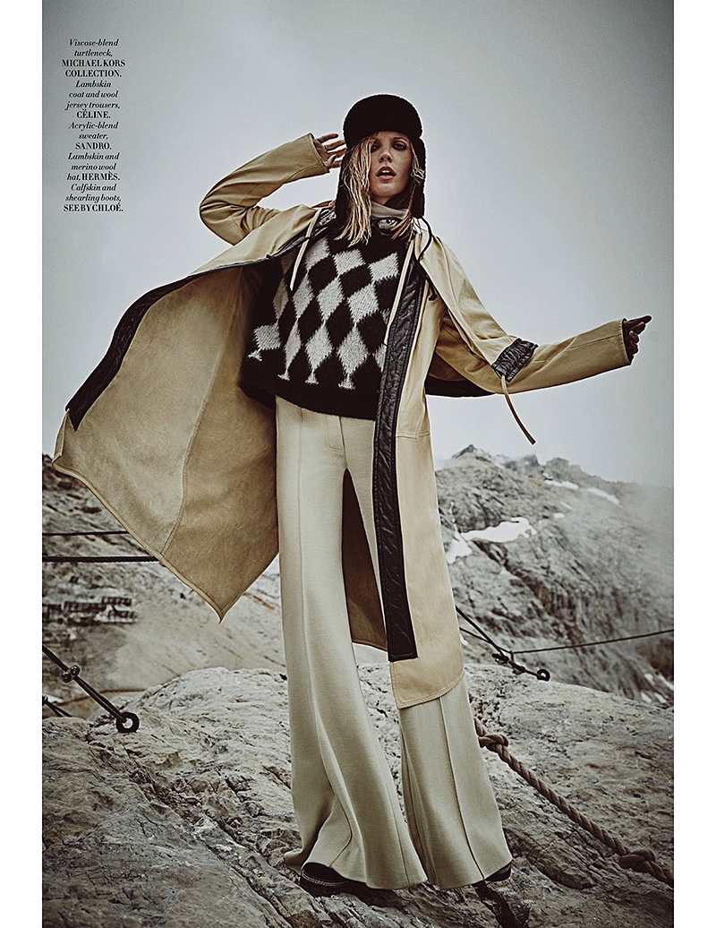 Emma Menteath hits the slope in Michael Kors turtleneck, Celine coat and trousers, Sandro sweater, Hermes hat and See by Chloe boots