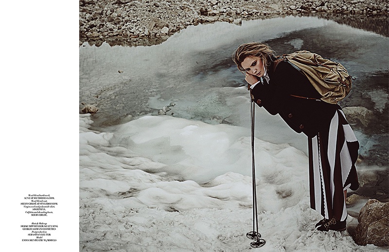 Model Emma Menteath poses in Acne turtleneck, See by Chloe coat, Sportmax skirt and See by Chloe boots