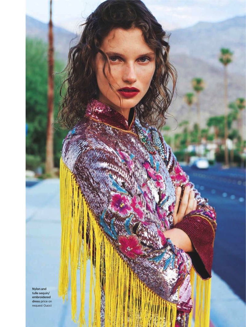 Embracing fringe, Giedre Dukauskaite poses in nylon and tulle sequin embroidered dress Gucci